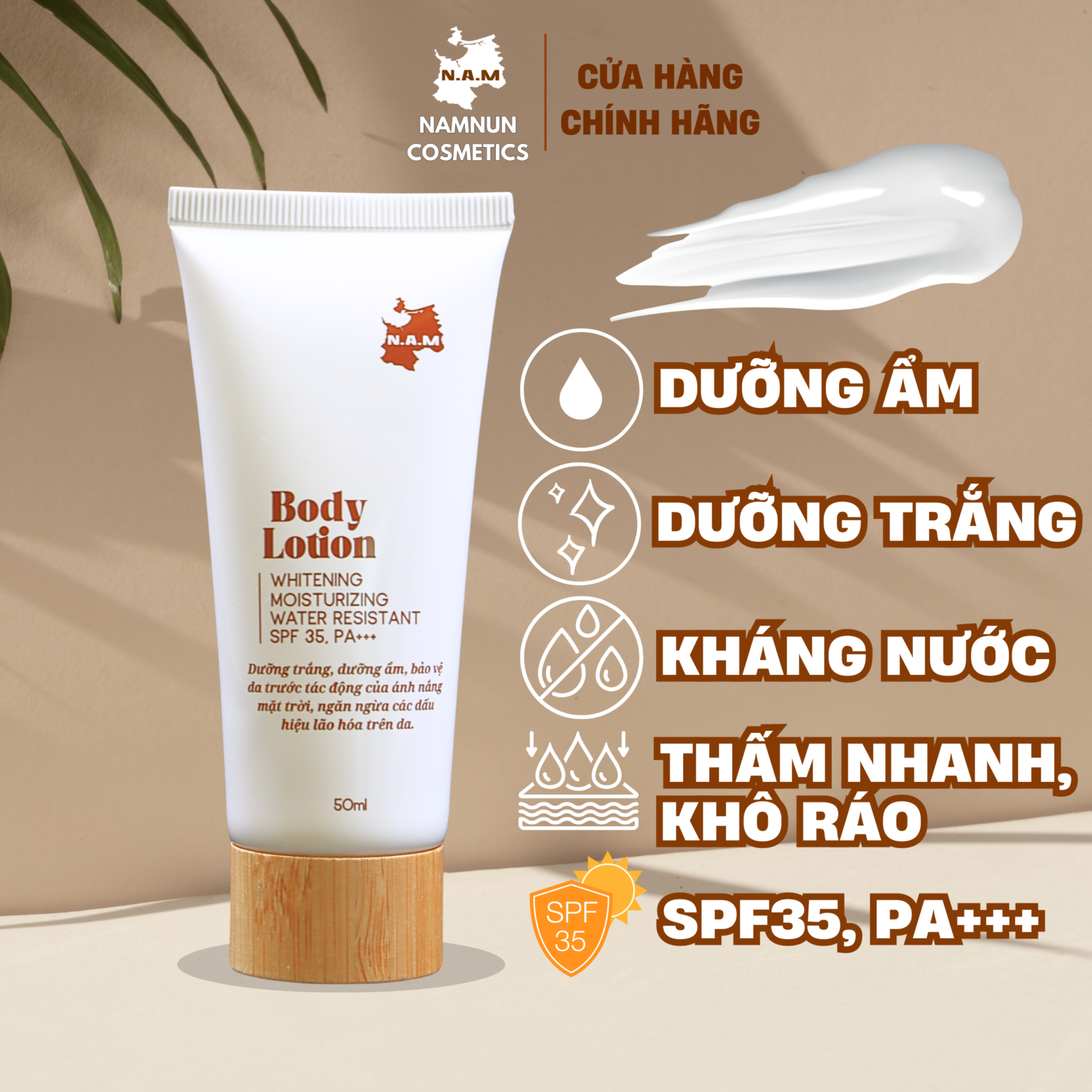 Sữa dưỡng trắng Body nâng tone,chống nắng N.A.M 50ml SPF35/PA+++, thấm nhanh,kháng nước,dưỡng ẩm cao.
